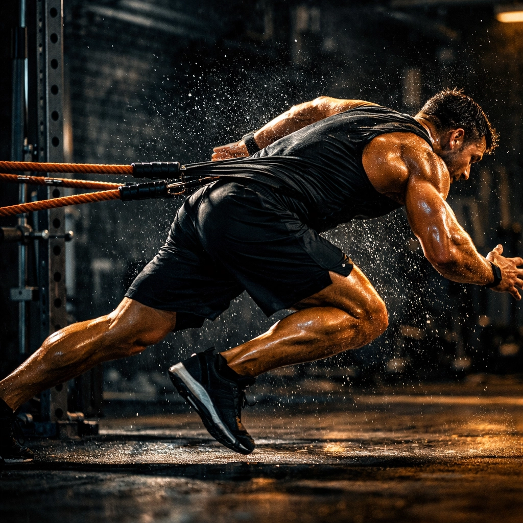 Athlete using heavy-duty resistance bands on a vertical rail for explosive bodyweight training at home.