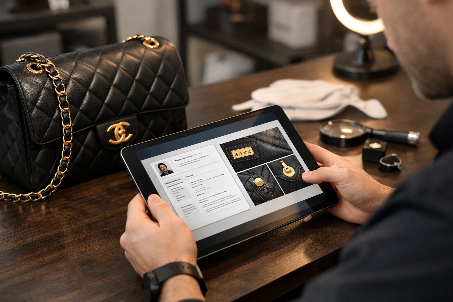 Human expert reviewing a digital credential and luxury item details beside a high-end handbag.