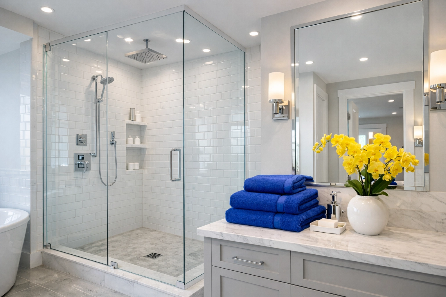 Spotless glass shower and white tiles in a luxury Worcester home cleaned with safe products.