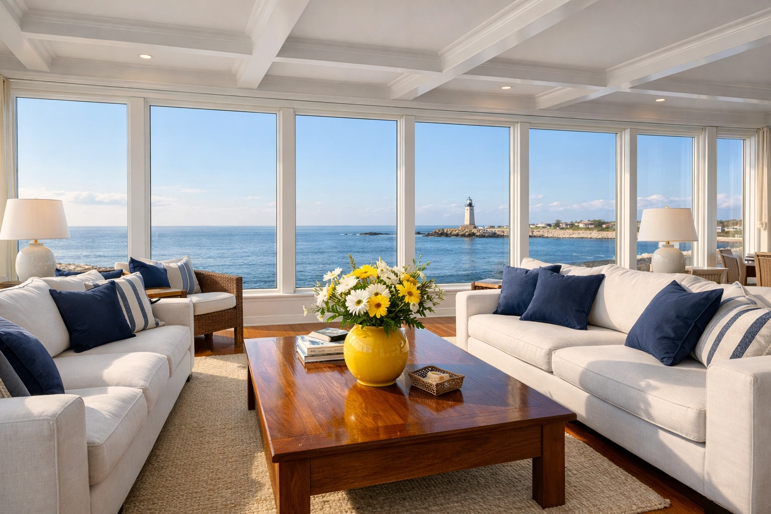 Spotless coastal Scituate living room with ocean views and clean floors from residential cleaning Massachusetts.