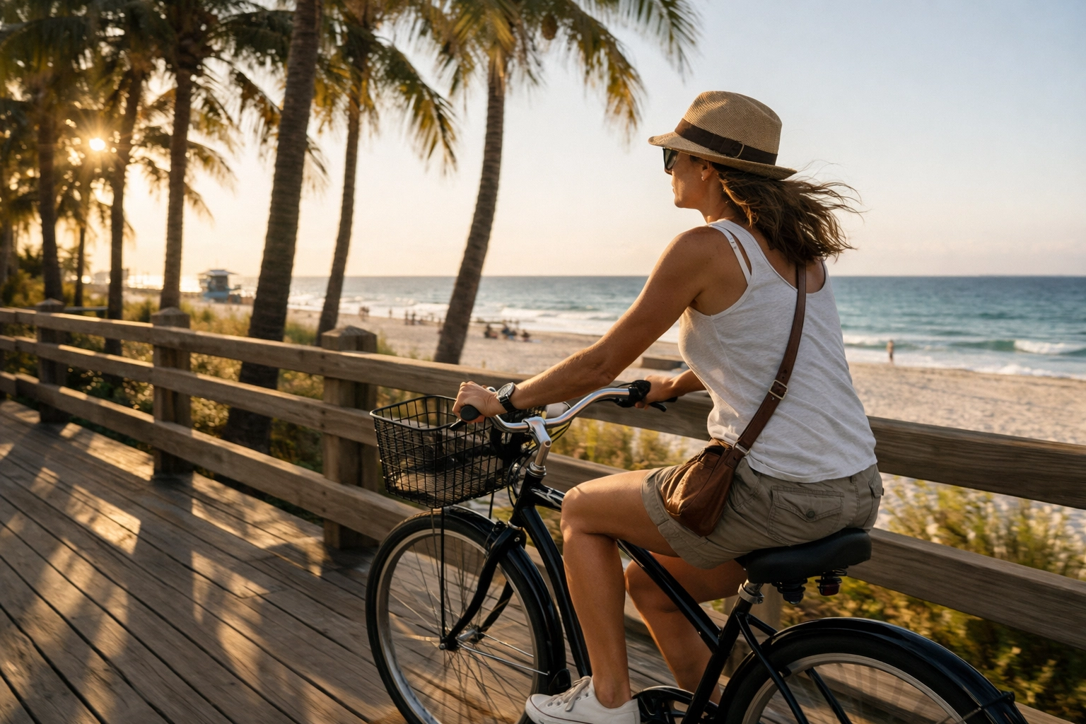 Biking along the Miami Beach Boardwalk at sunset, one of the most fun things to do in Miami.