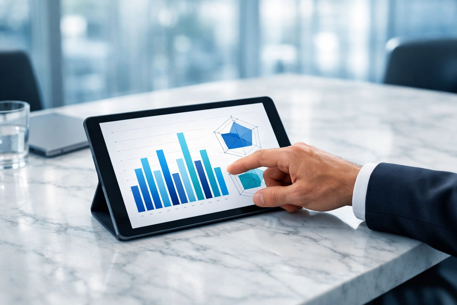 Professional reviewing sales competency test data visualization to identify skill gaps.