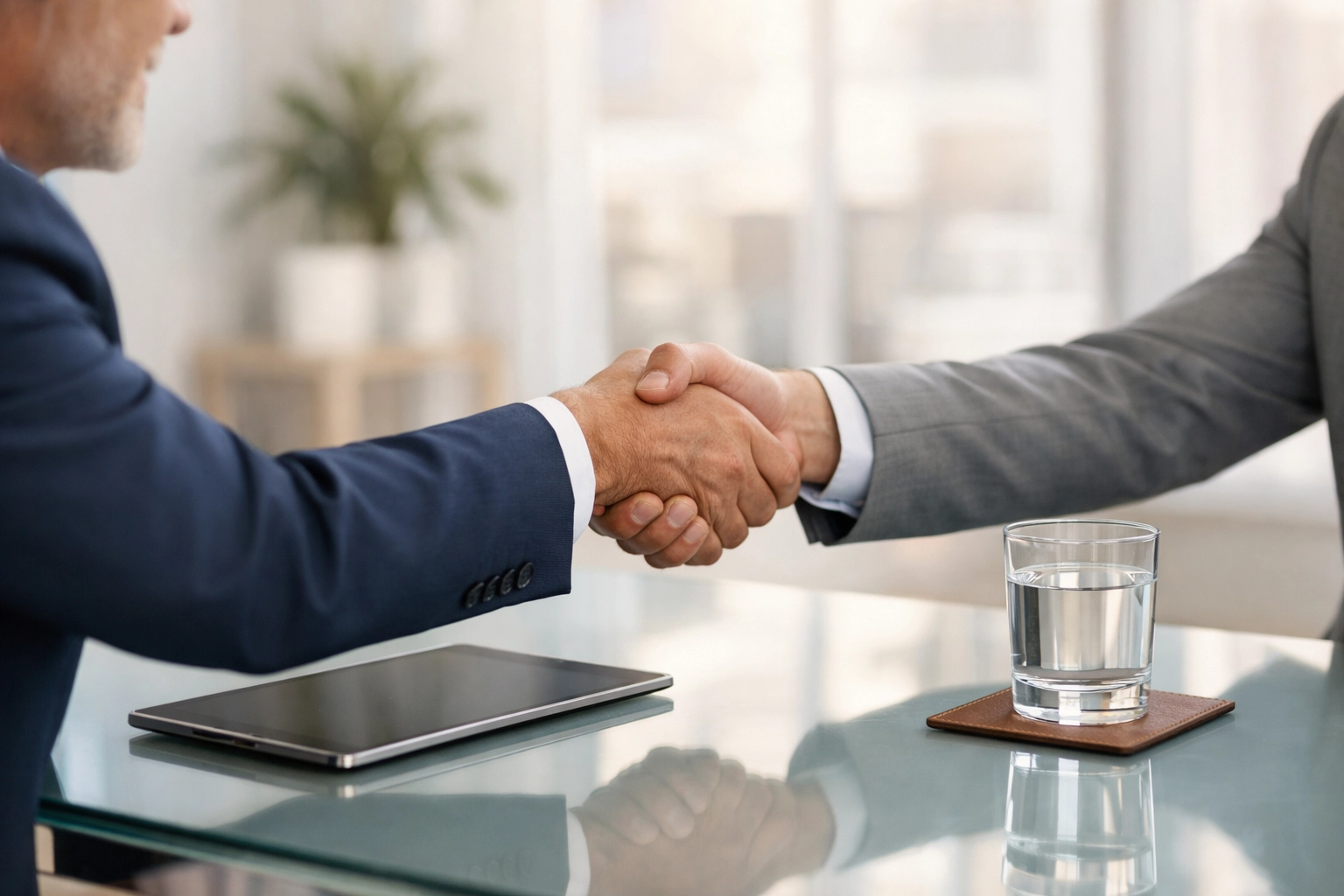 Professionals shaking hands to symbolize a successful mobile home title transfer and storage lien resolution.