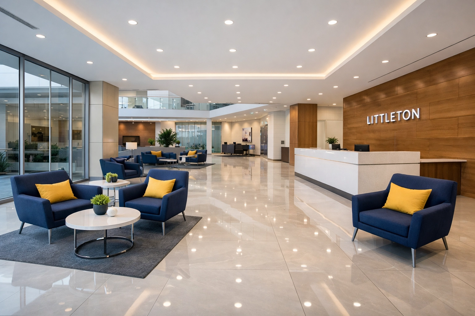 A pristine office lobby in Littleton with polished floors, maintained by a professional commercial cleaning service.