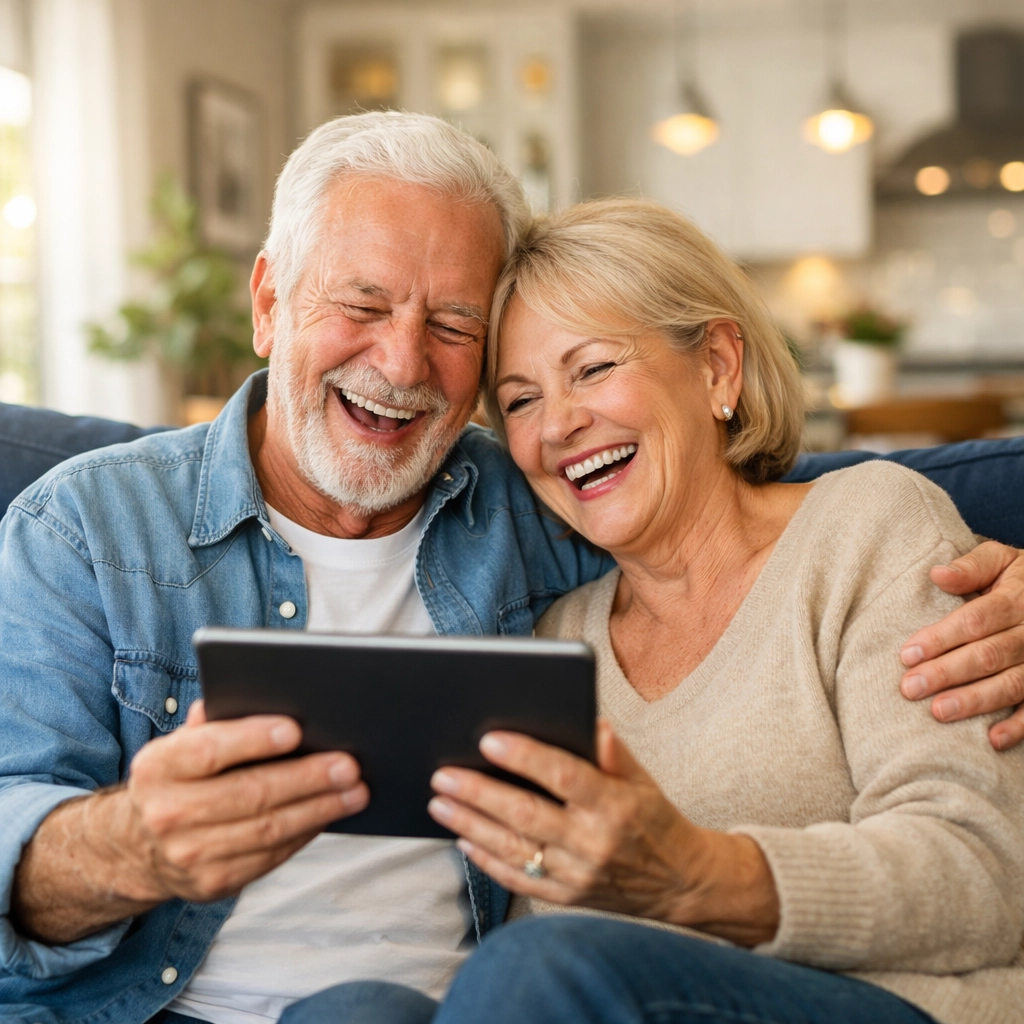 A happy senior couple feeling relieved after finding the right Medicare enrollment plan.