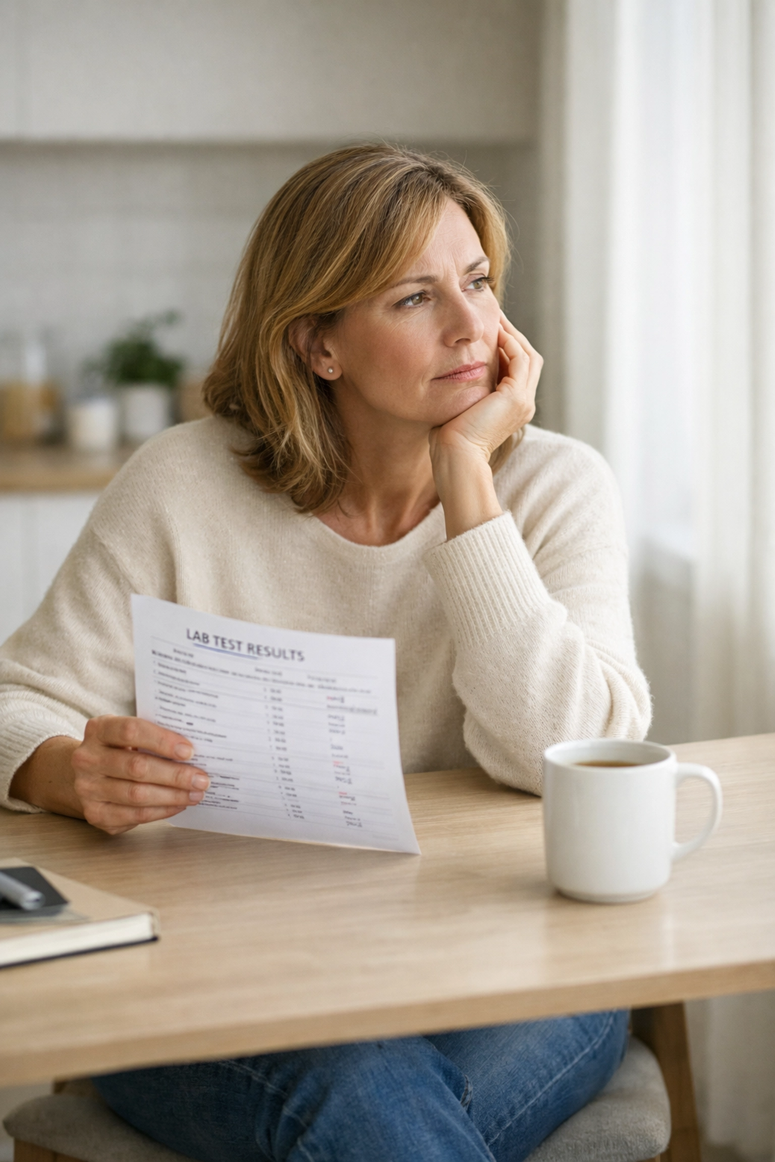 Woman reviewing normal blood test results despite experiencing perimenopause symptoms