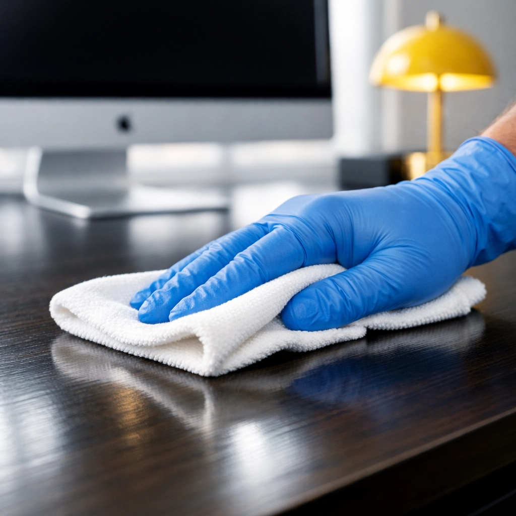 A professional cleaner sanitizing a modern workspace desk as part of a recurring office cleaning in Milford.