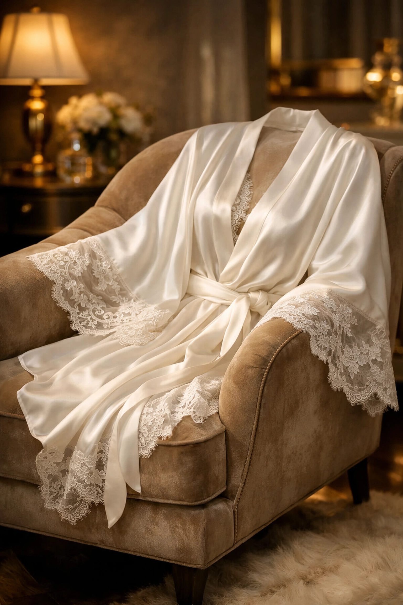 Elegant white silk bridal robe with lace trim, a romantic gift for wife on first night.