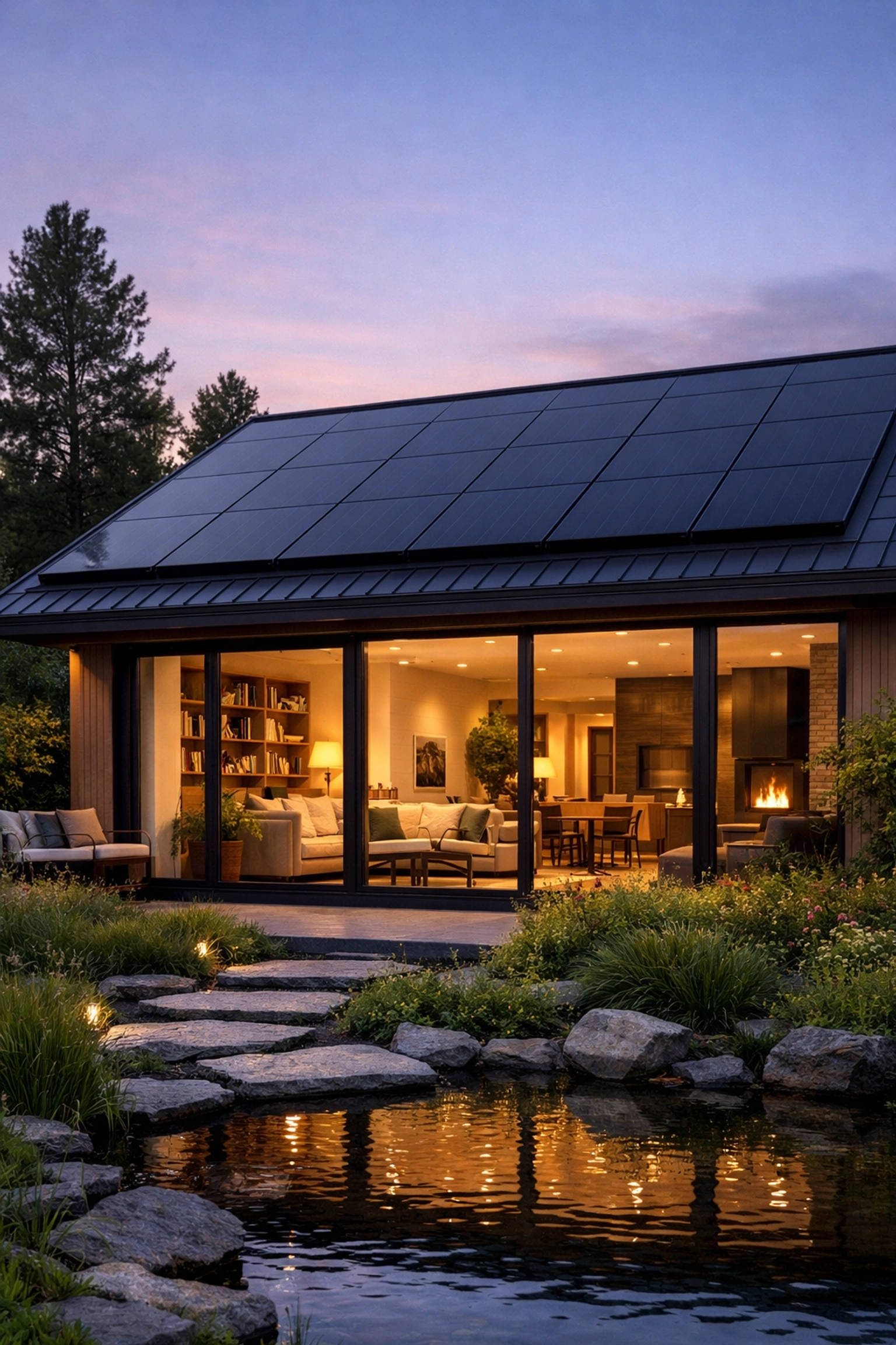 Modern eco-home with rooftop solar panels providing energy independence from global market volatility.
