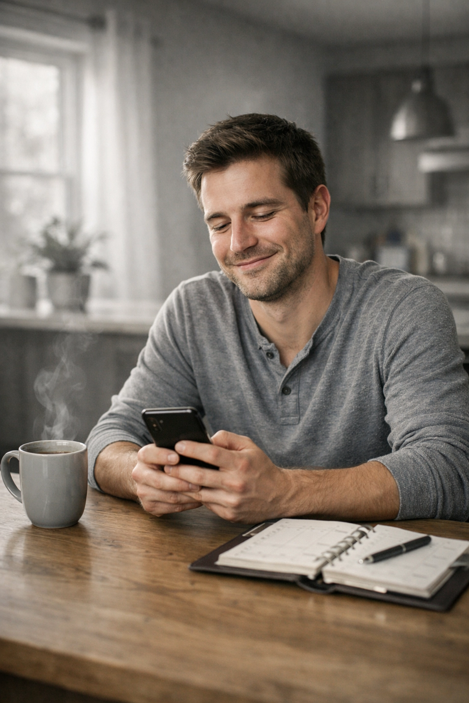 Relieved man using his phone to find a solution for I need 2500 dollars now in Canada.
