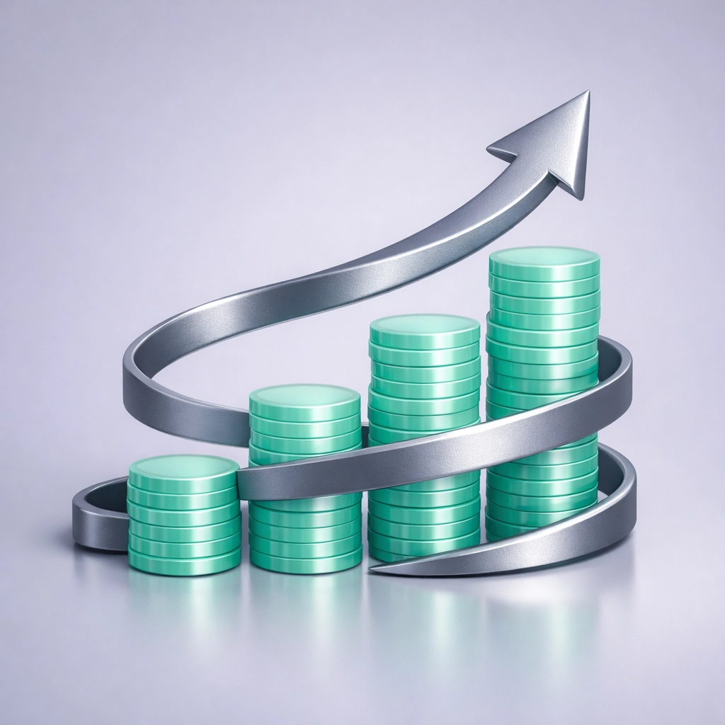 Upward growth chart with coins representing passive affiliate income and email marketing ROI.