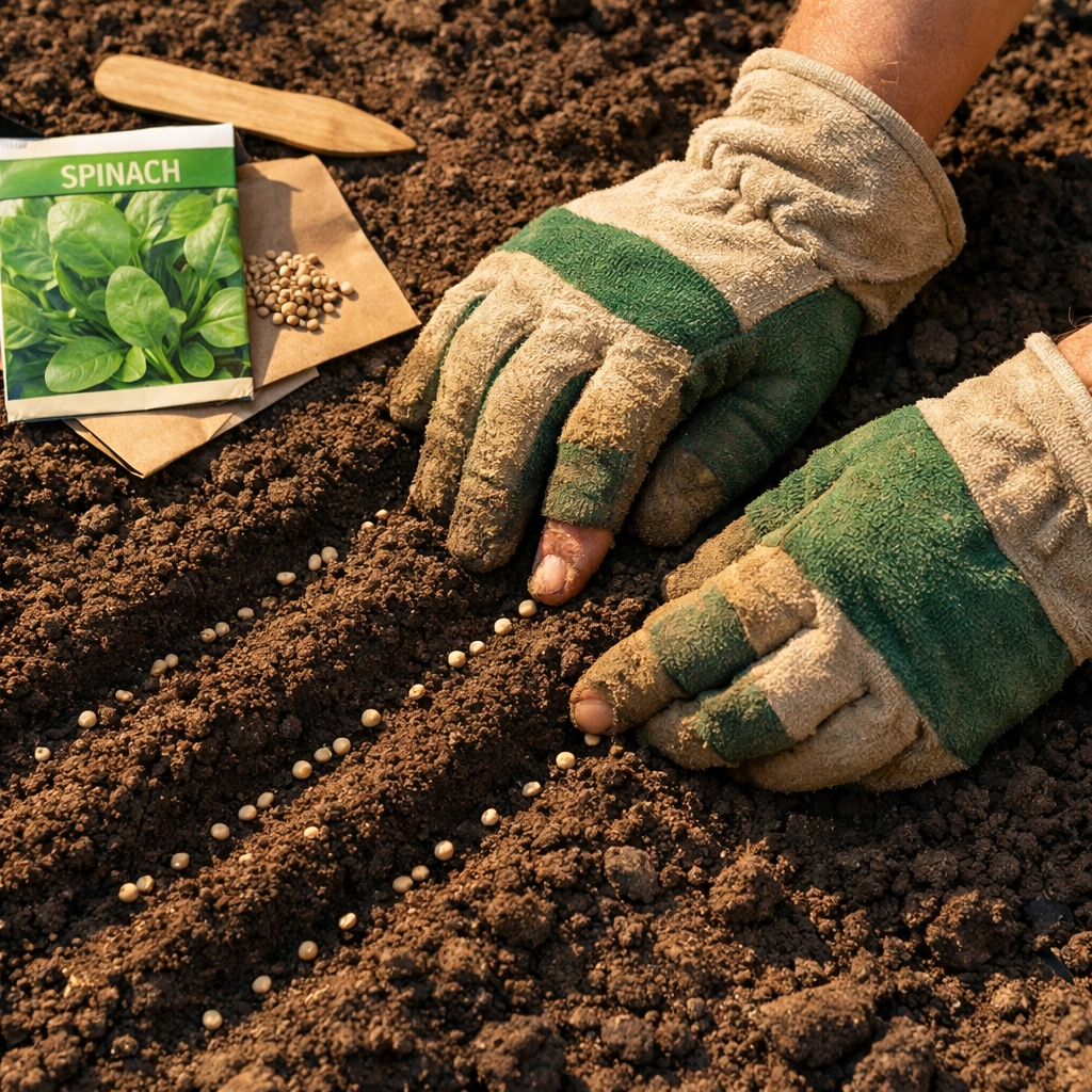 Hands planting spinach seeds directly into prepared garden soil in spring