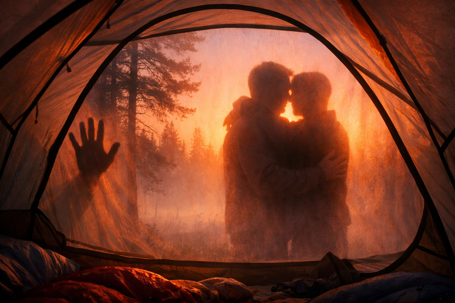 Gay couple embracing at dawn inside tent silhouetted by sunrise - wilderness intimacy and vulnerability
