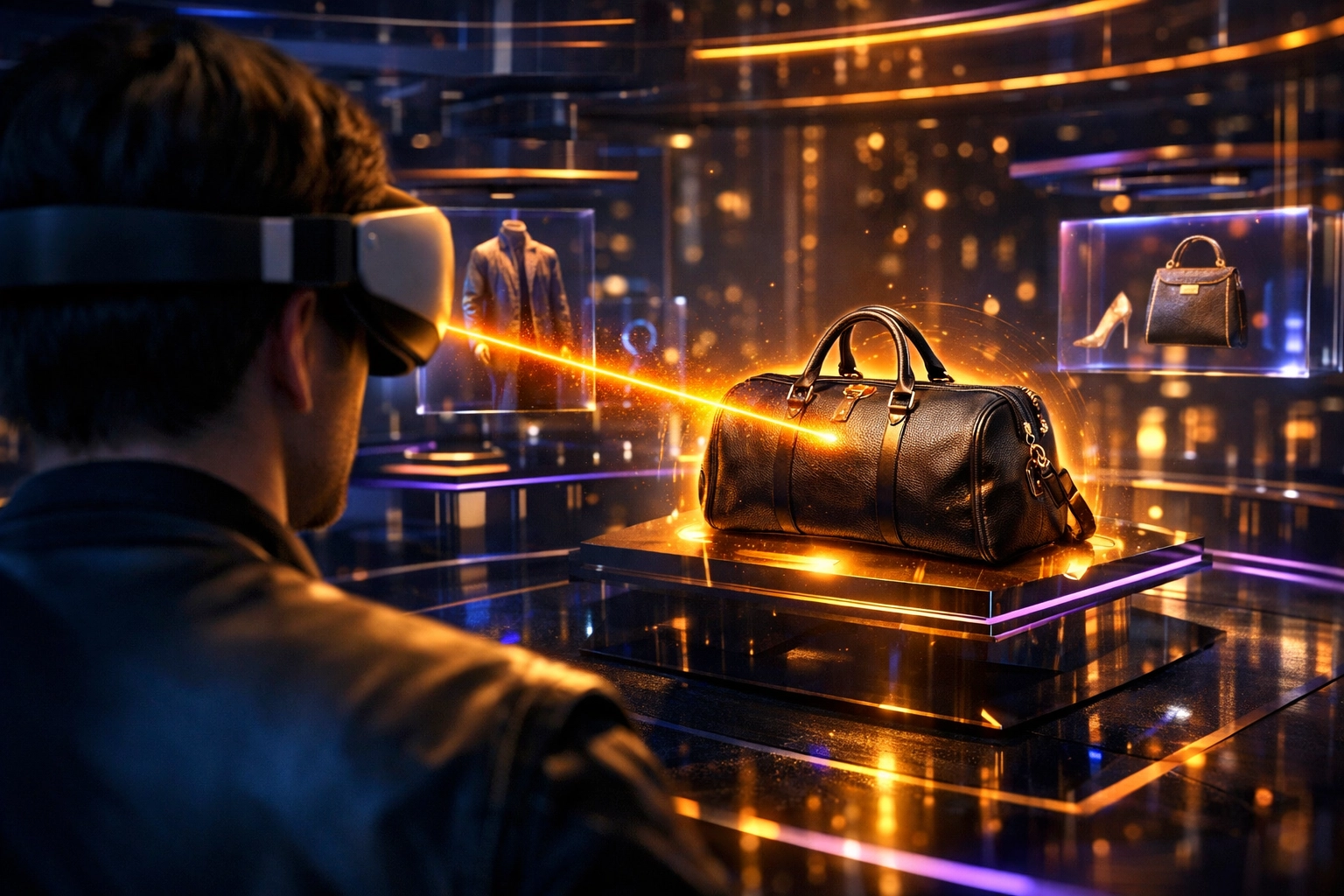 Shopper using VR gaze-tracking technology to browse products in a futuristic metaverse digital storefront.
