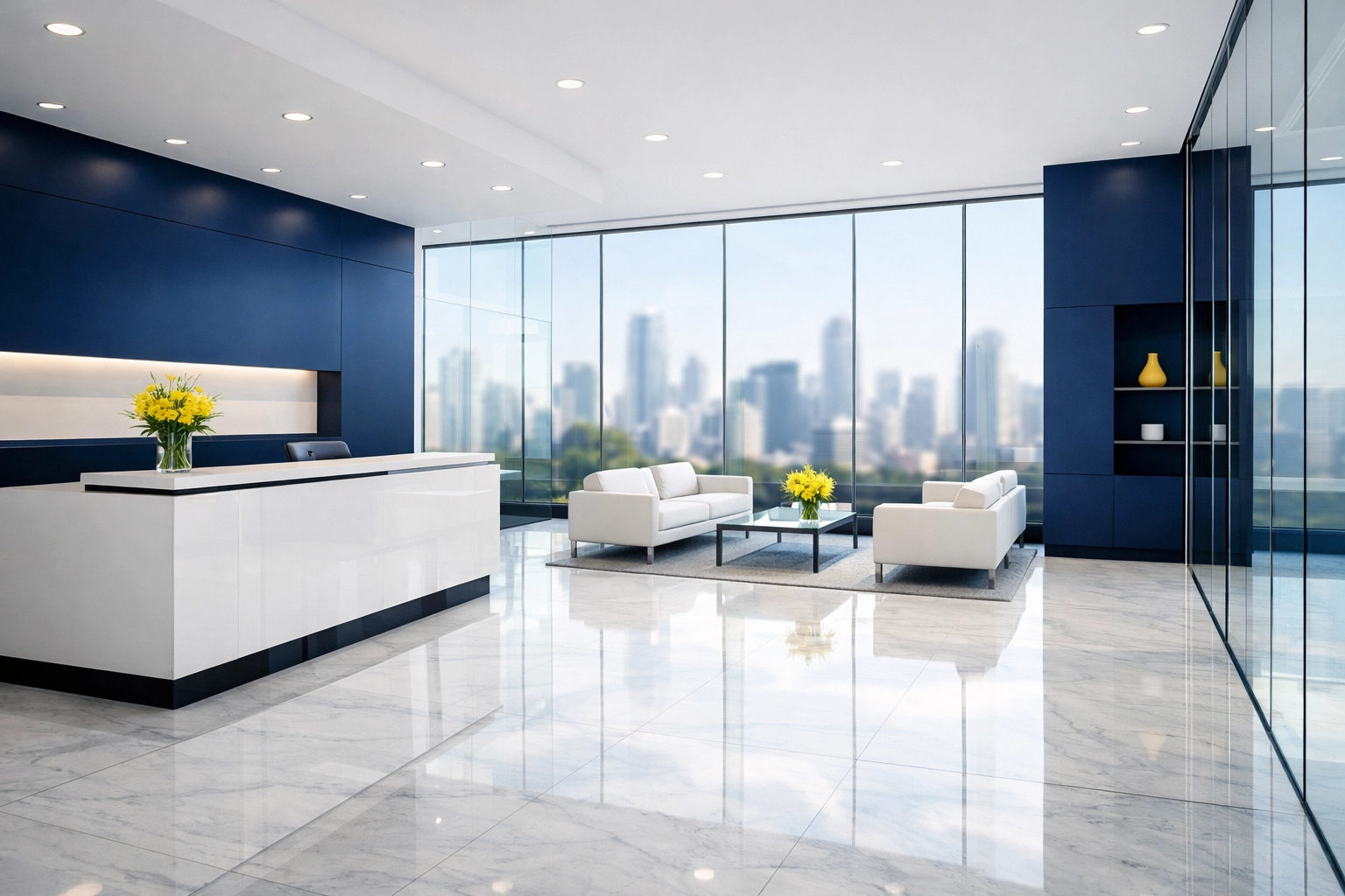 Immaculate corporate lobby in Everett showing high-traffic commercial cleaning and spotless marble floors.