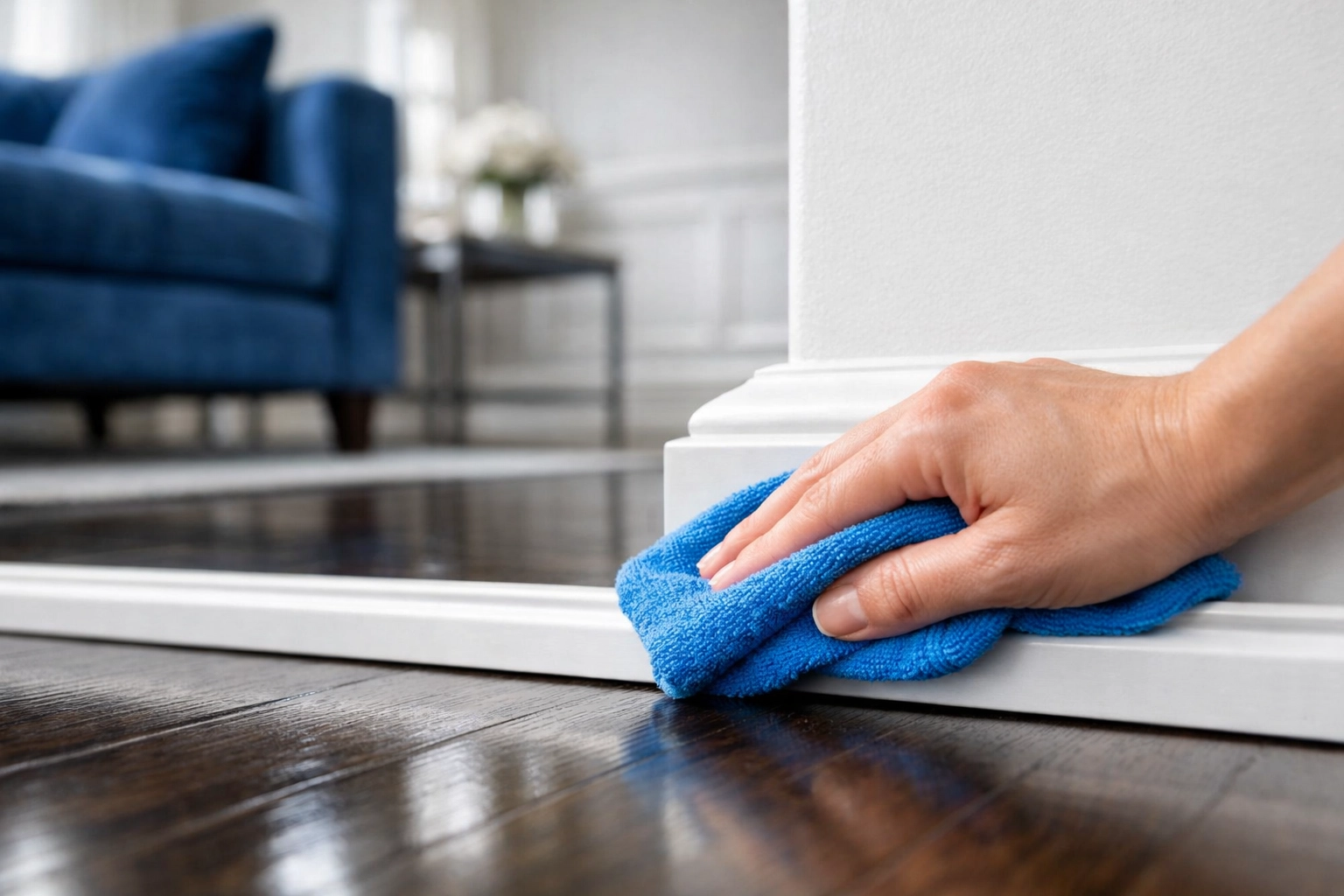 Detailed baseboard wiping with a microfiber cloth as part of a professional deep cleaning in Massachusetts service.