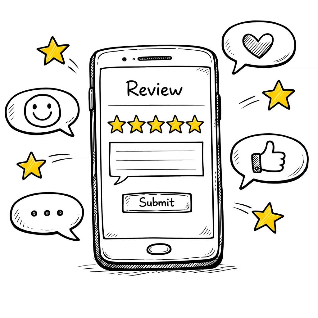 Mobile phone displaying 5-star customer reviews and feedback for local SEO