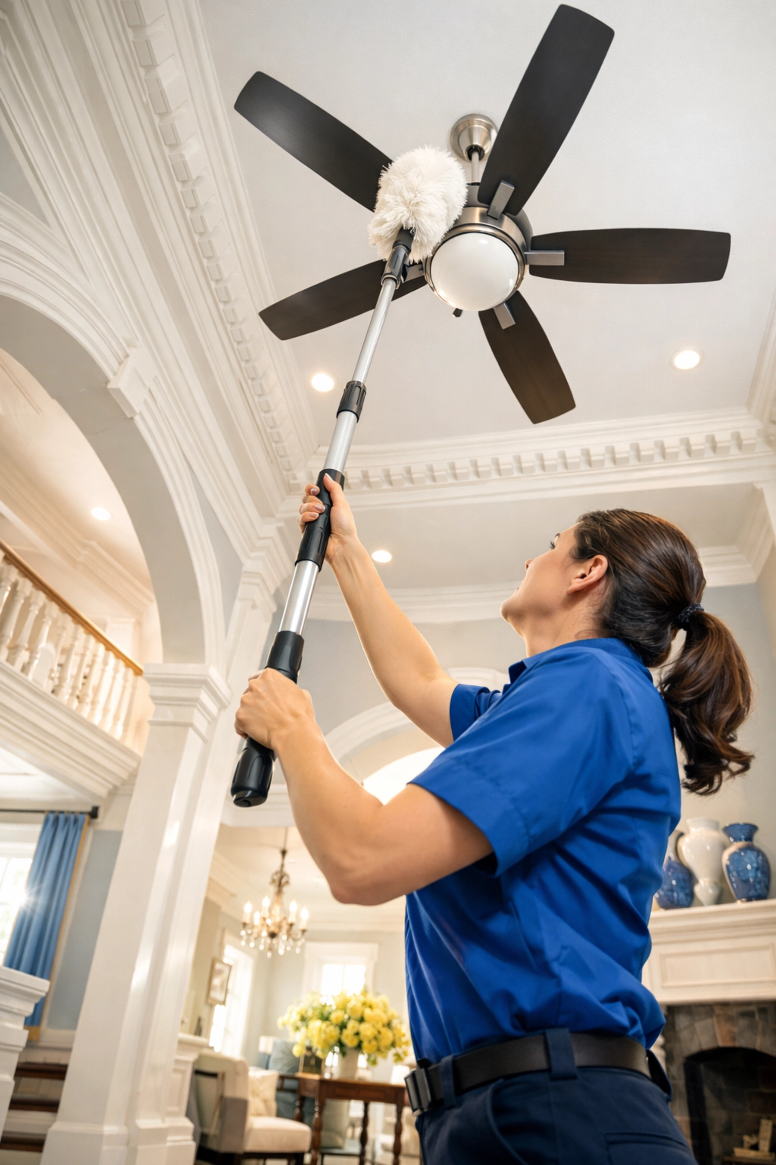 Expert house cleaning Worcester MA professional dusting a high ceiling fan using a top-to-bottom technique.