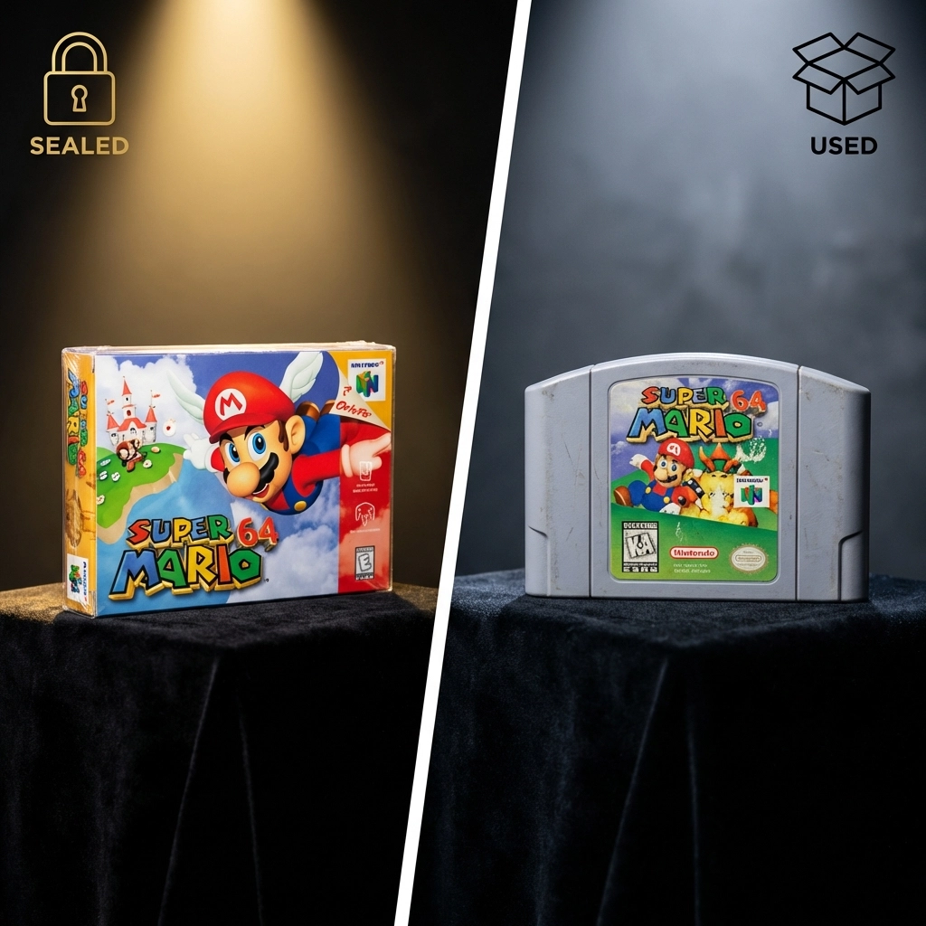 Sealed versus used Super Mario 64 comparison showing dramatic value difference based on condition