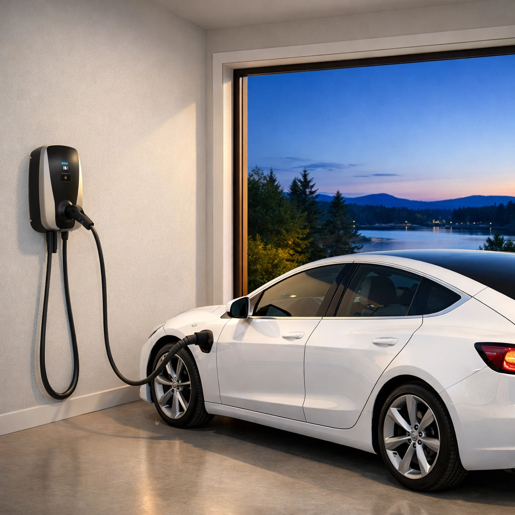 White electric vehicle charging overnight in a modern Maine garage using a wall-mounted smart charger.