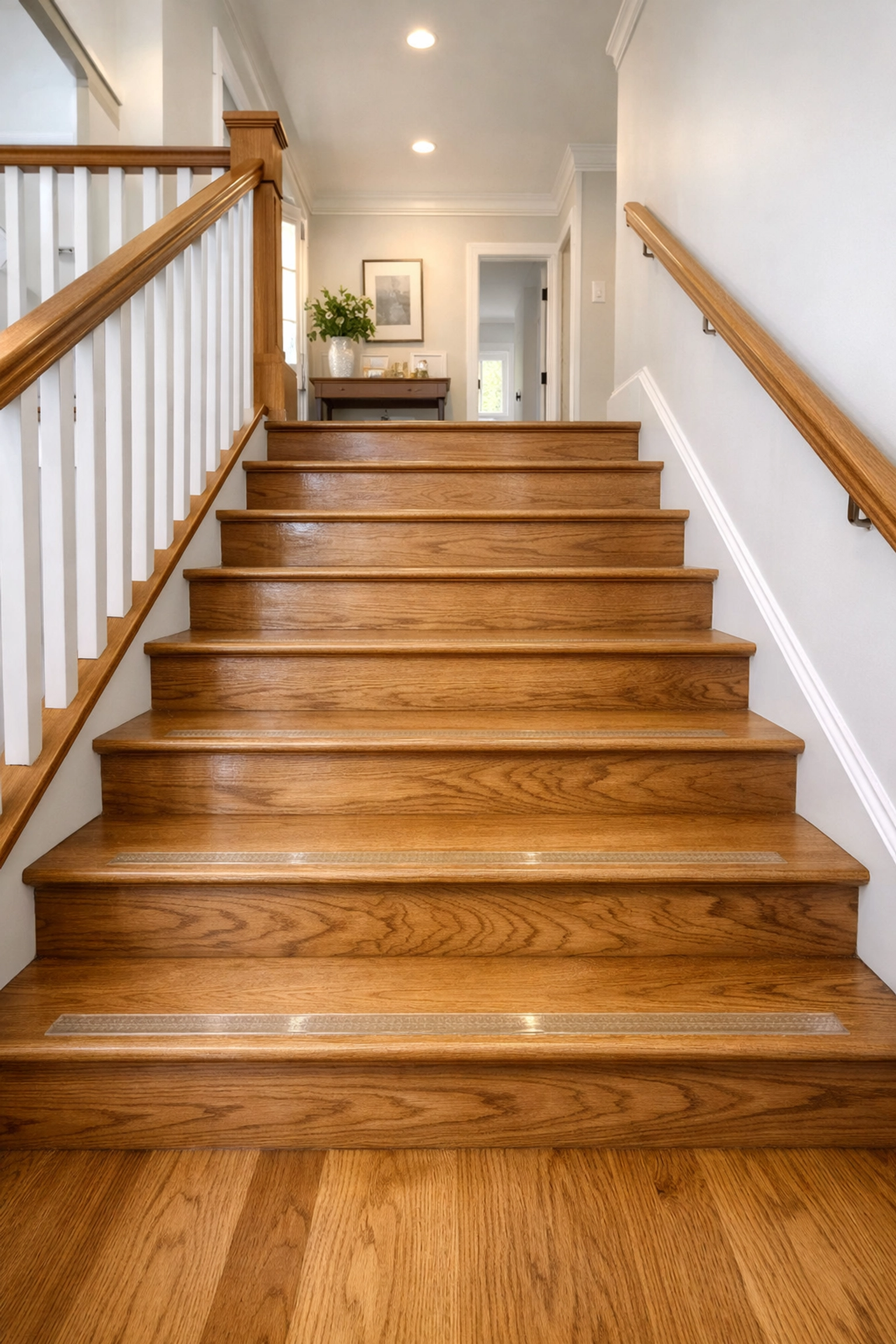 Hardwood stairs with transparent non-slip traction strips on each step to prevent falls and slips.