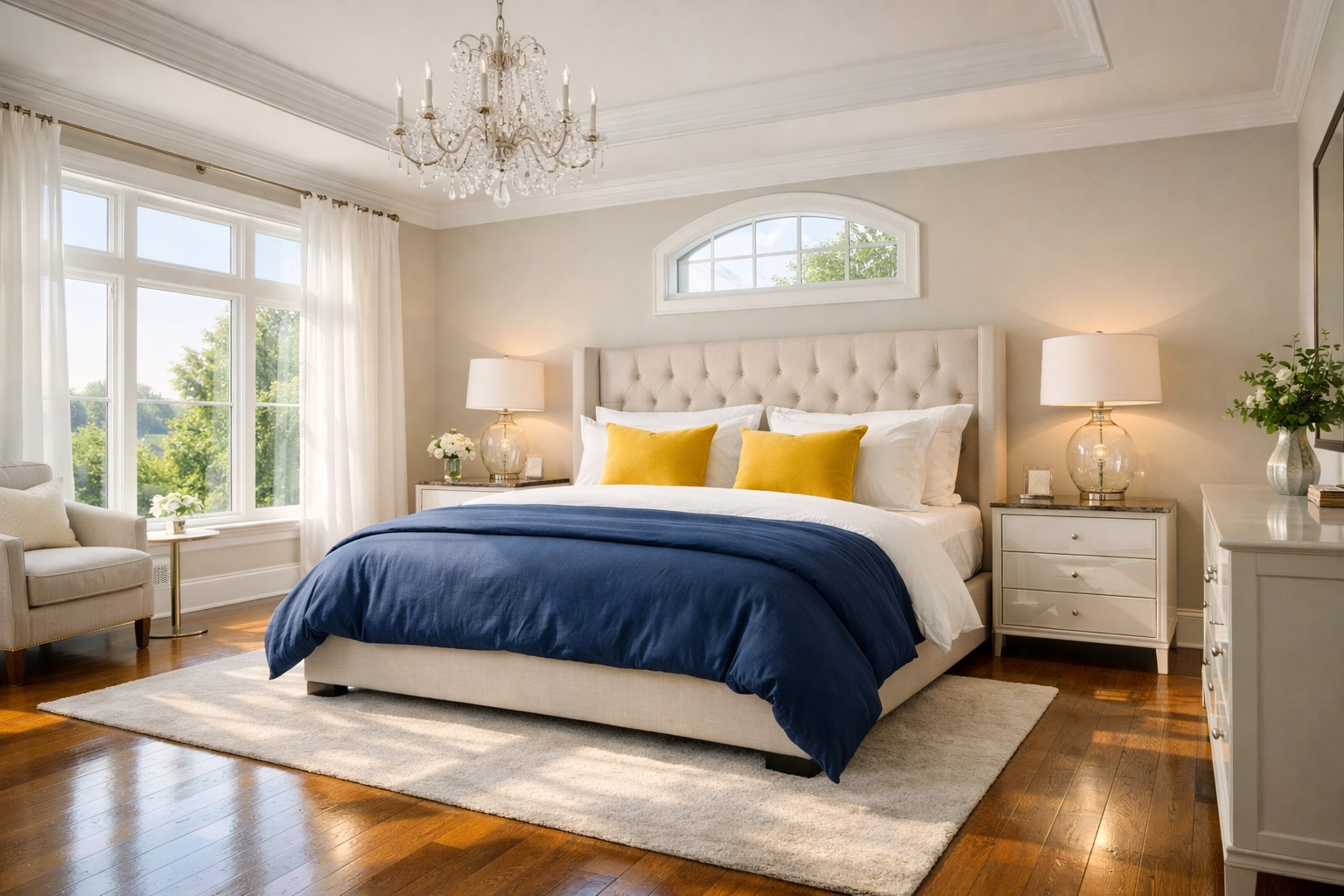 A spotless, sunlit master bedroom in Framingham showing the results of professional bi weekly house cleaning.