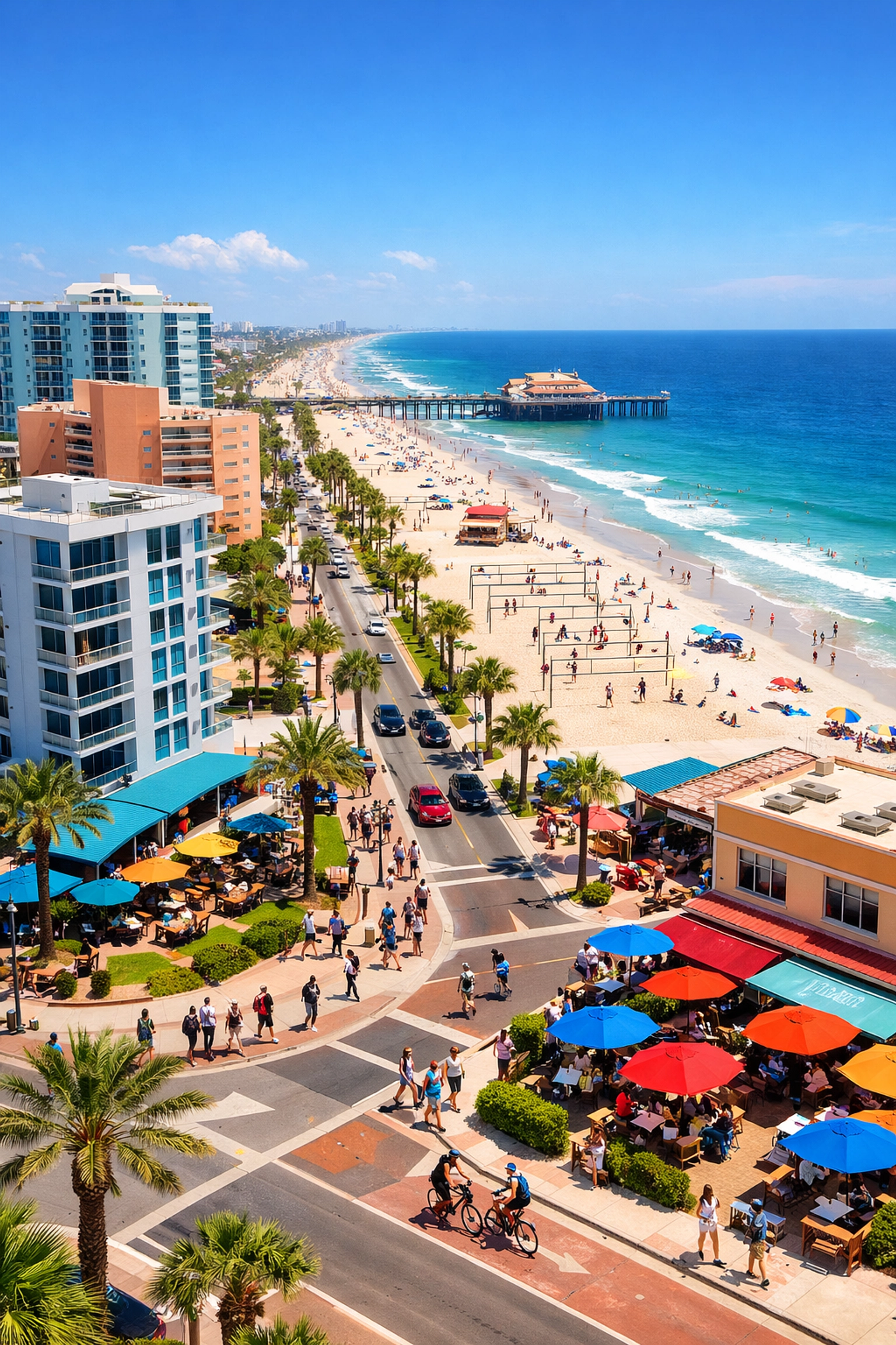 Aerial view of Daytona Beach showing beachfront condos and coastal lifestyle amenities
