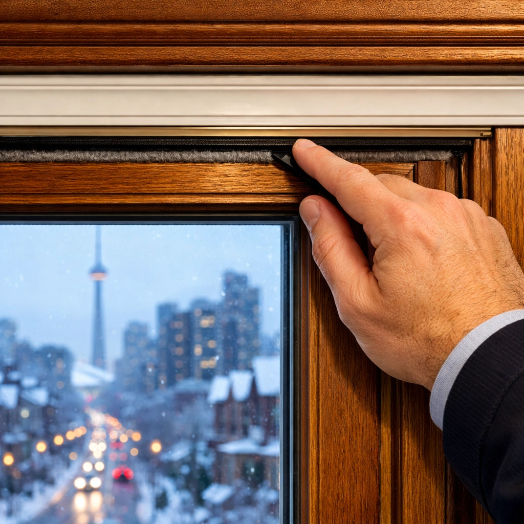 A professional technician inspecting the seal and weatherproofing of a wood window frame in Toronto.