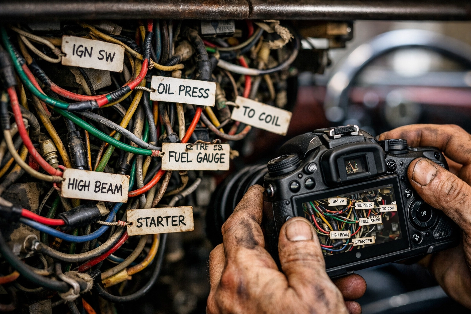 Labeled vintage electrical wiring documented for a meticulous classic car restoration process.