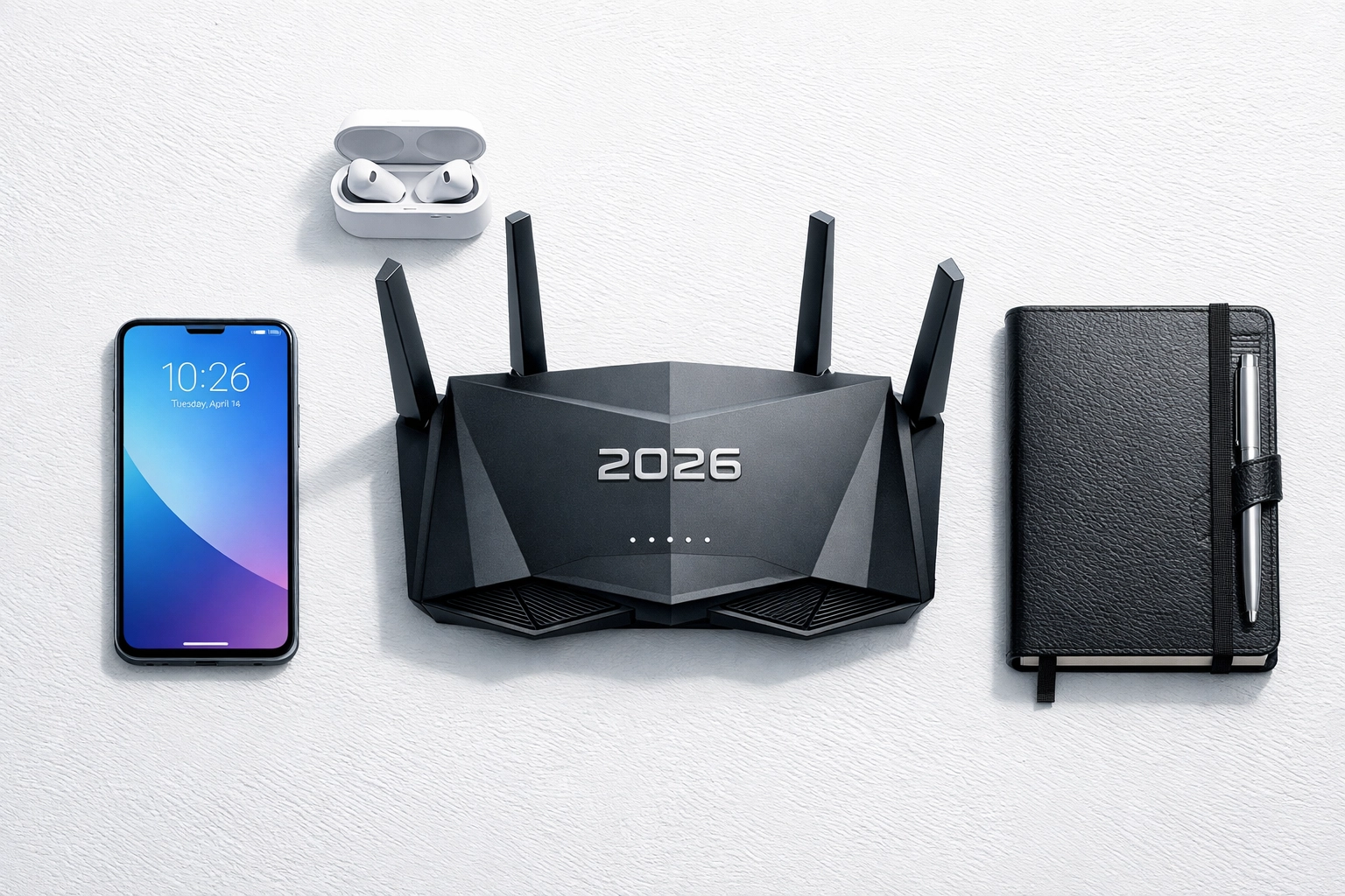 Top-down view of a modern secure router with smart devices, illustrating a network security checklist.