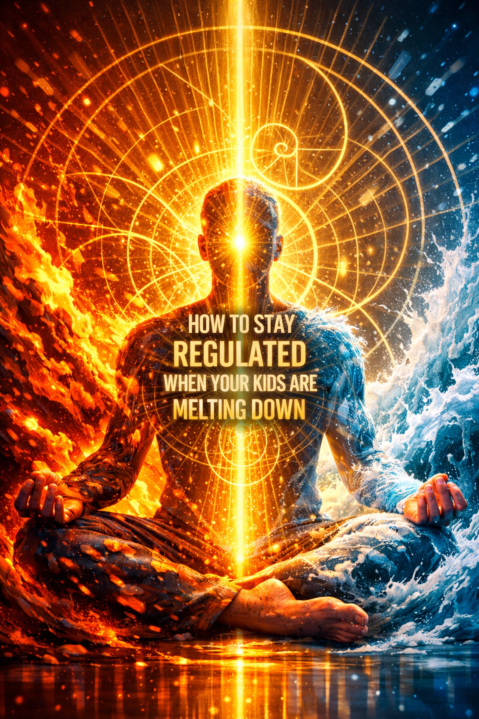 A centered person between fire and water symbols, representing healing and emotional regulation in chaos.