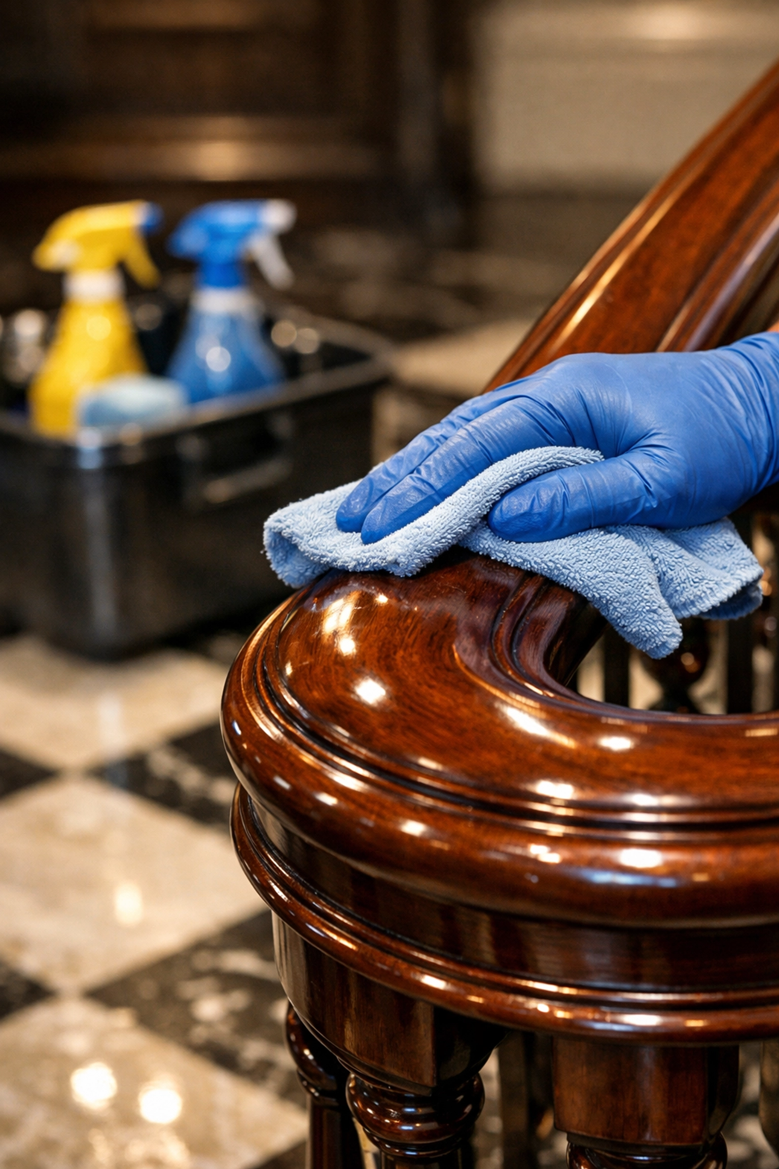 Detailed hand polishing of a wood banister during a residential cleaning Massachusetts appointment.