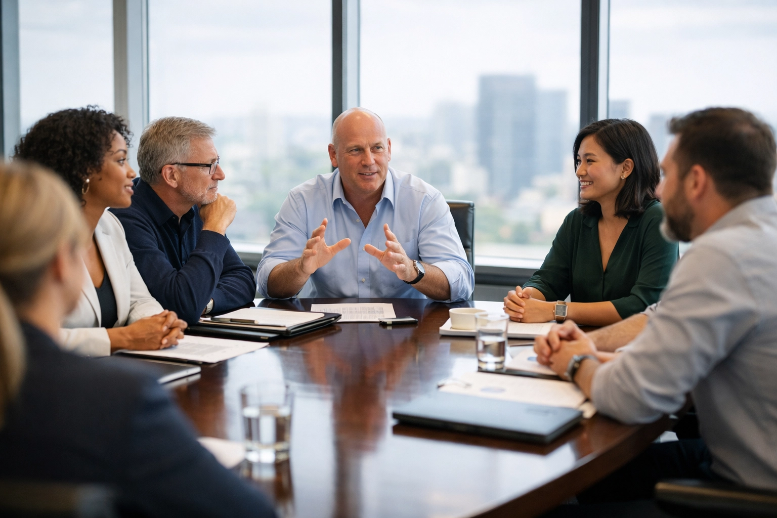 Strategic leadership team in a corporate boardroom discussing business consulting and organizational design.