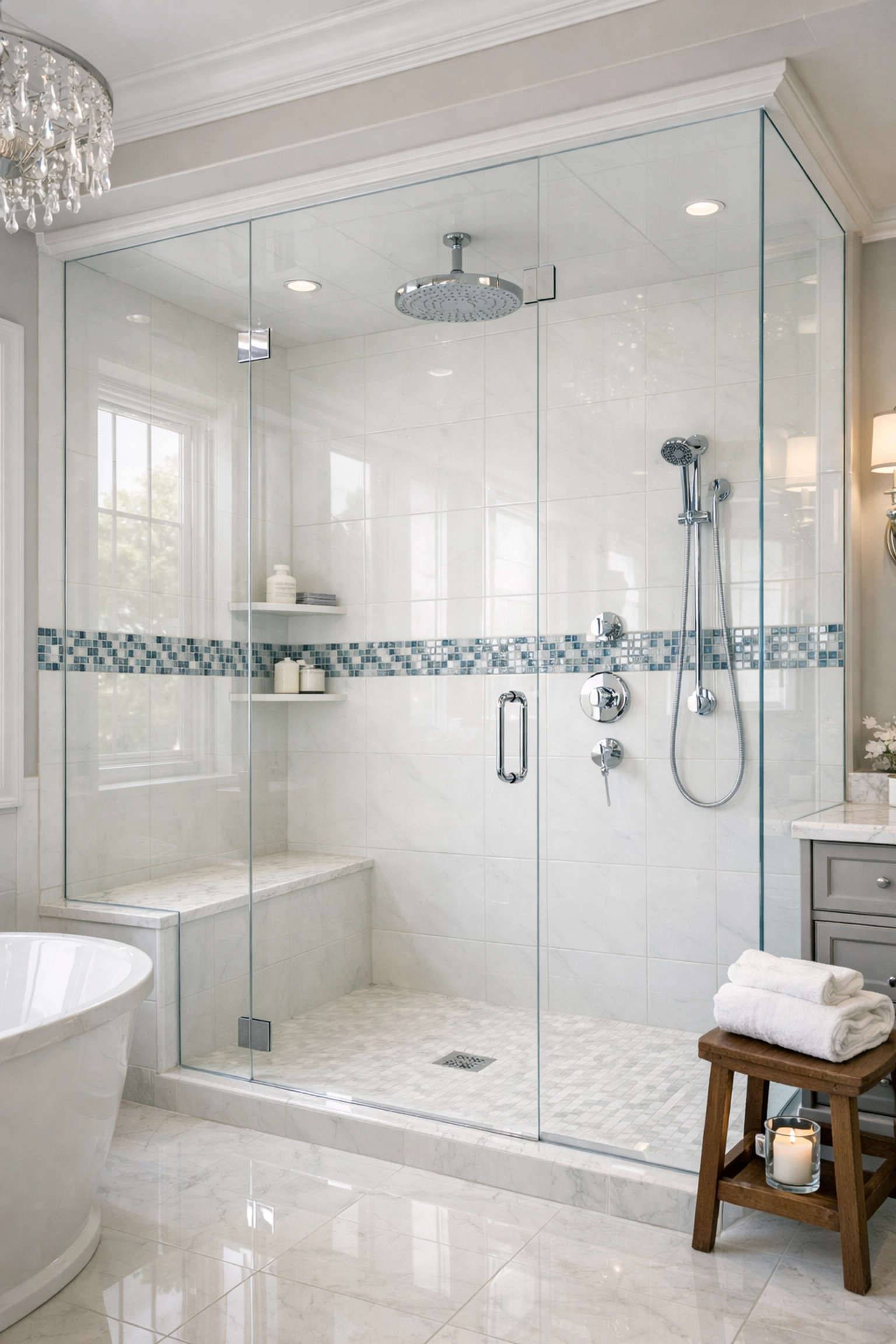 A sparkling clean glass shower door after a professional deep cleaning service in a luxury bathroom.