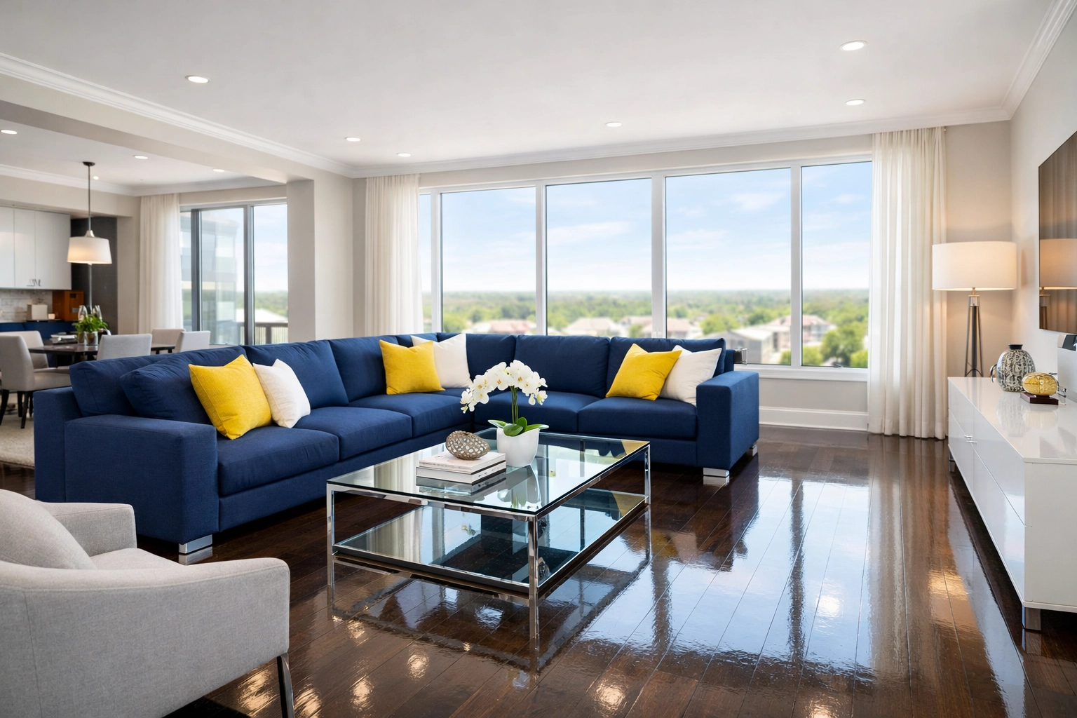 A spotless luxury living room with polished floors from expert apartment cleaning in Marlborough.