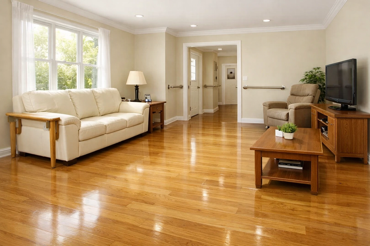 A safe living room for seniors with clear walkways and no rugs to eliminate trip hazards and improve home safety.