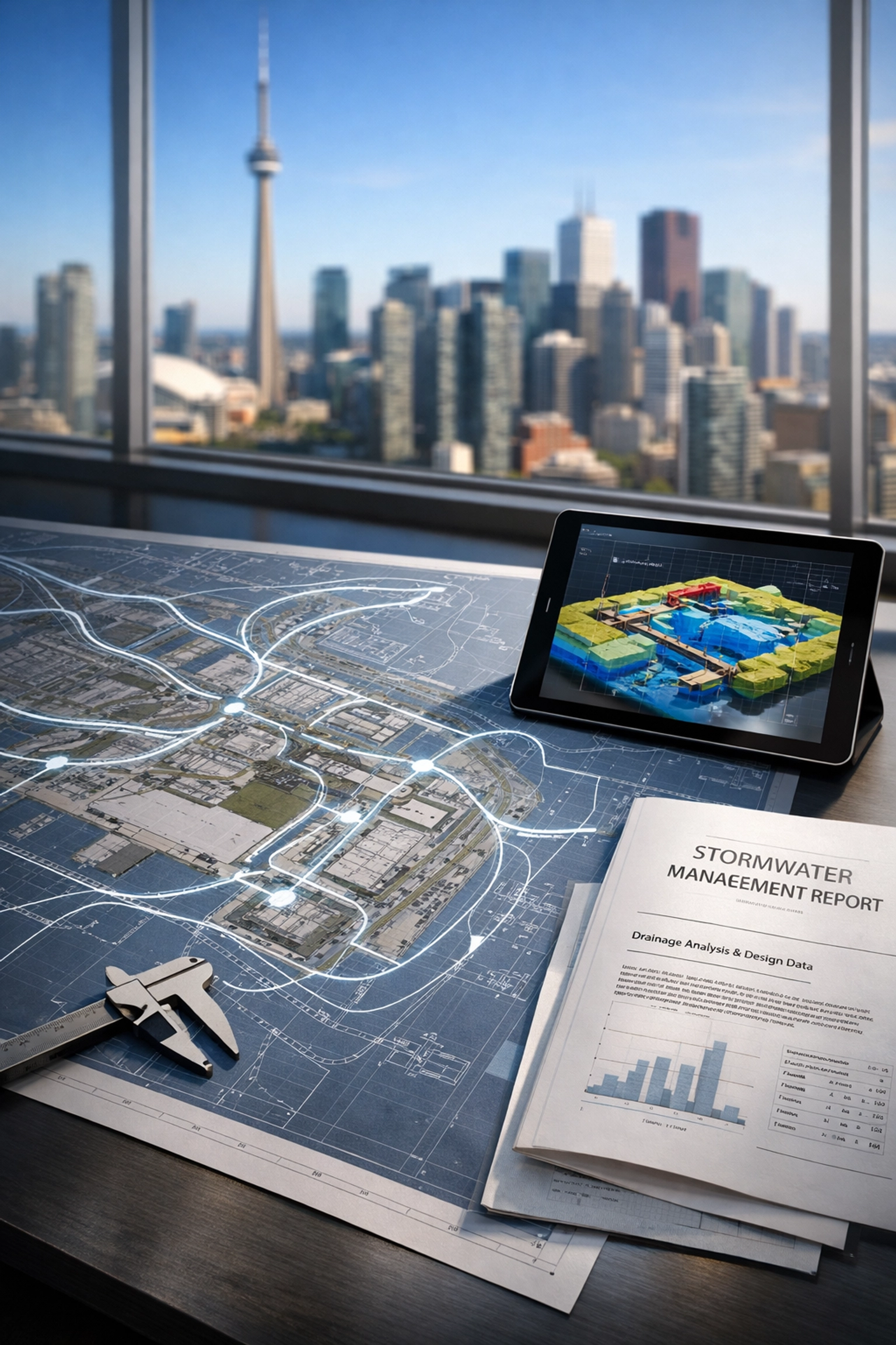 Professional stormwater management report and site servicing plan for an urban land development project.