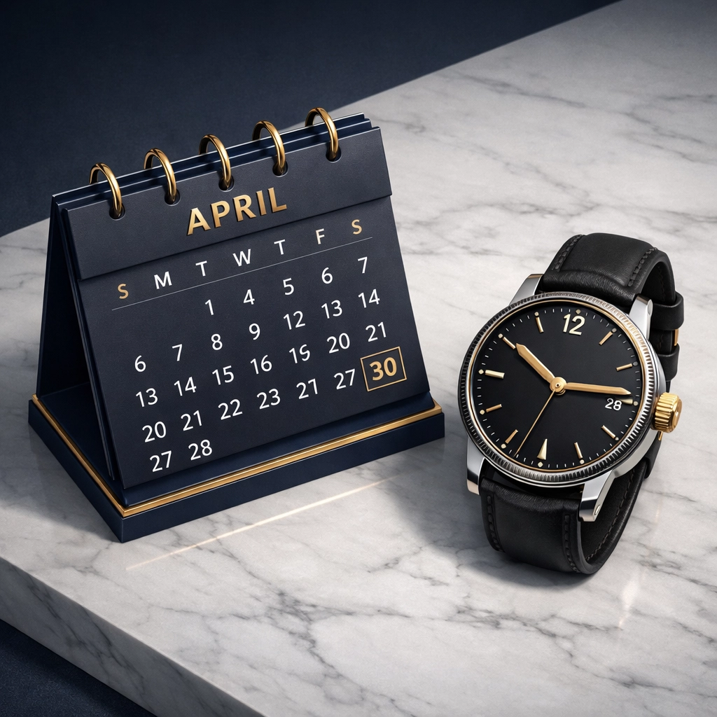 A calendar and watch representing MTD deadlines and quarterly tax reporting for UK landlords.