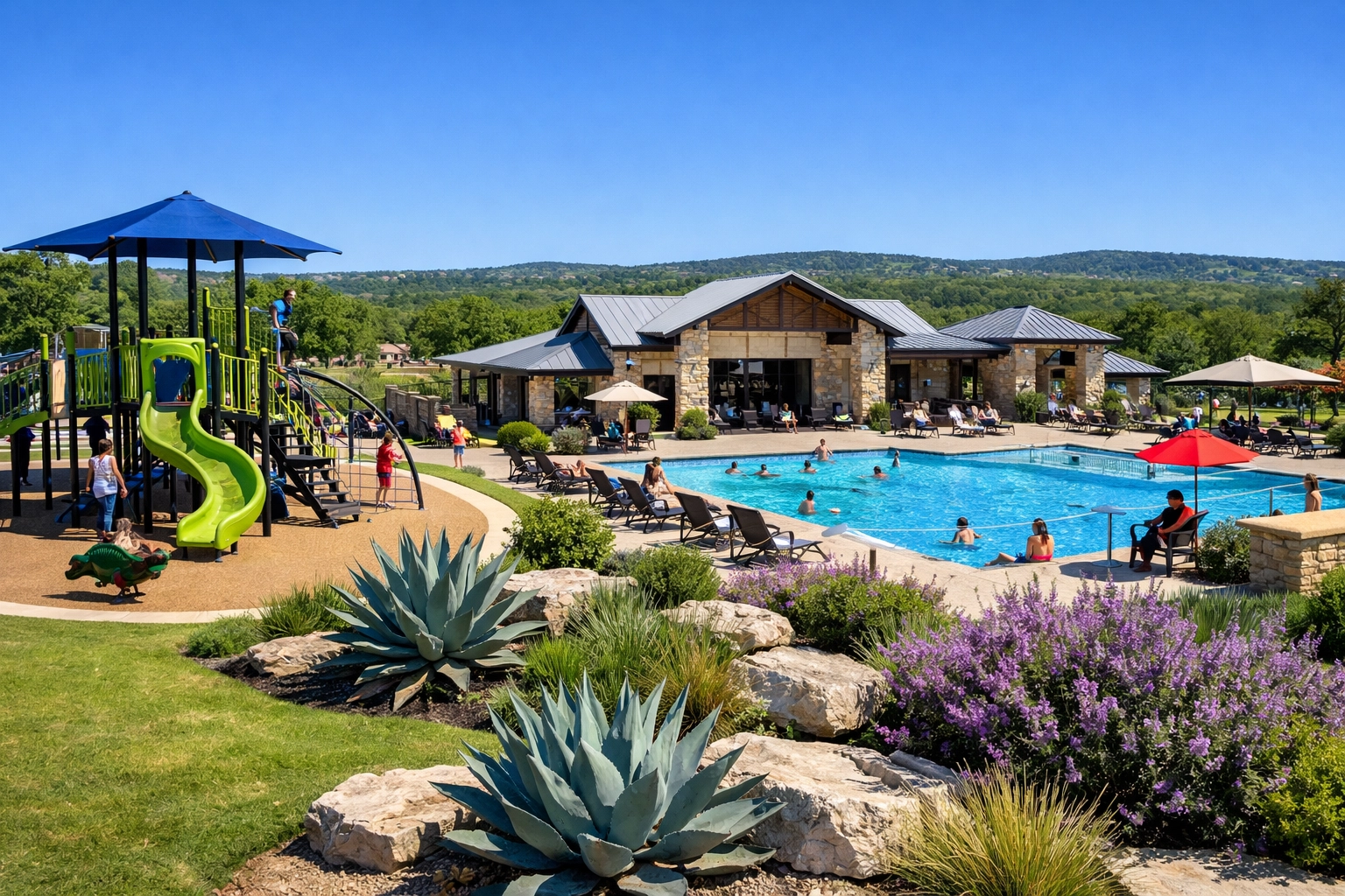 Community amenities and parks in Alamo Ranch suburb near Lackland AFB San Antonio.