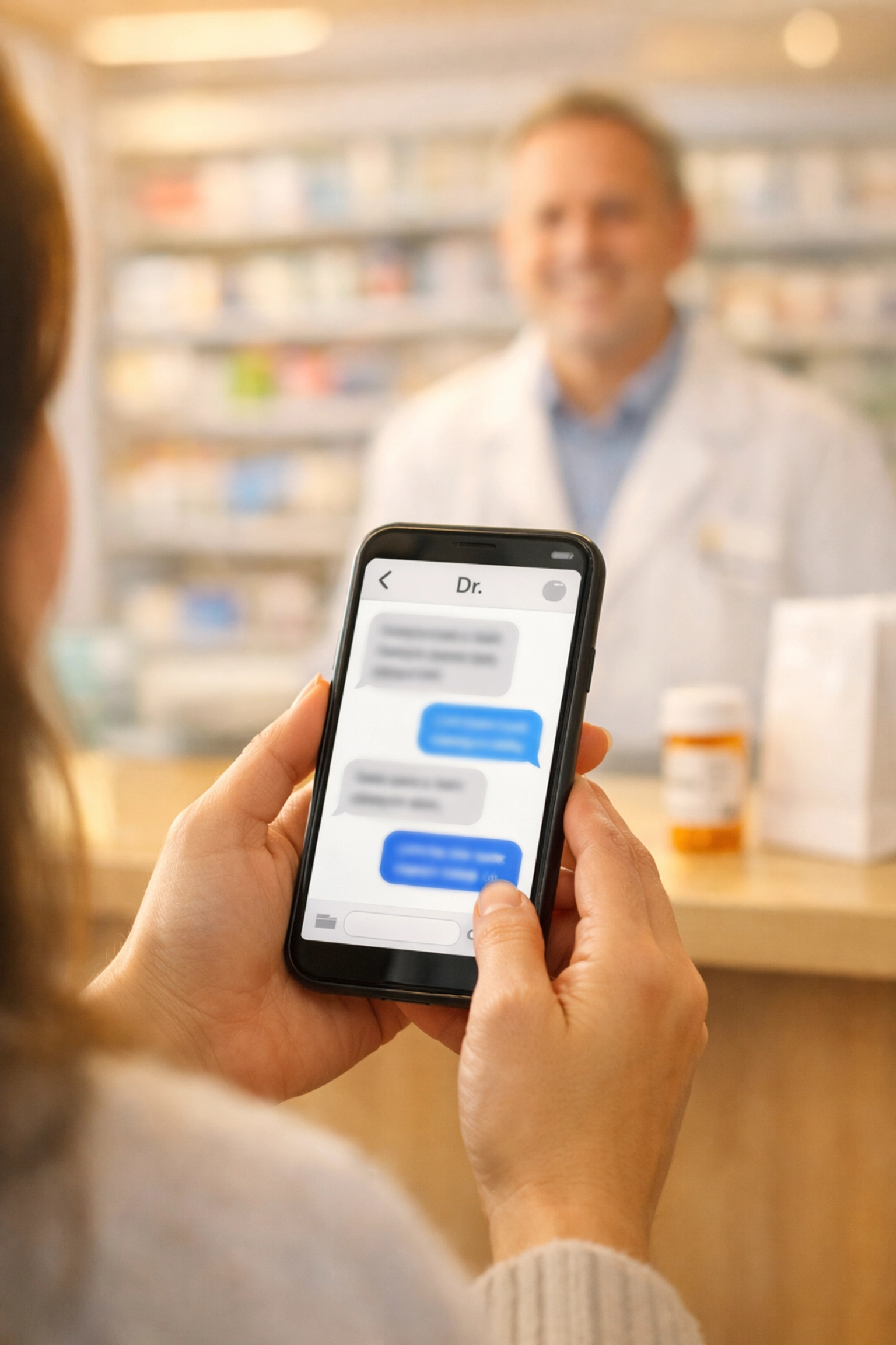 Woman texting with doctor on phone with pharmacy counter in background for same-day prescription