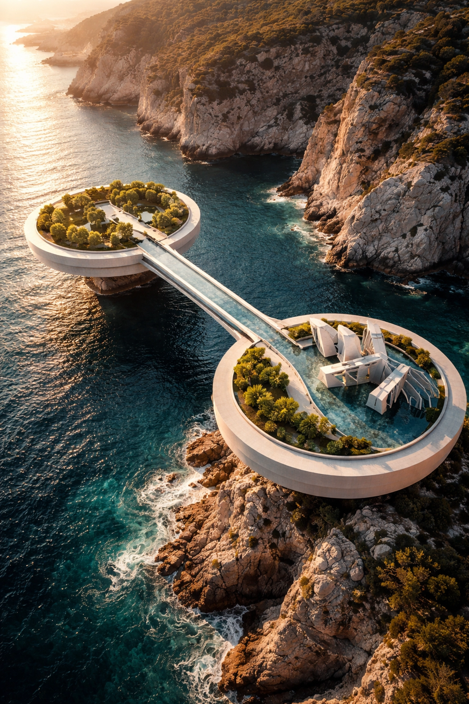 Modern barbell-shaped building overlooking cliffs visualizes barbell strategy in investment diversification