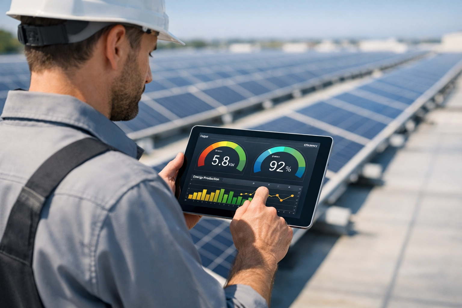 Solar maintenance technician checking energy performance data on a large commercial rooftop solar array.
