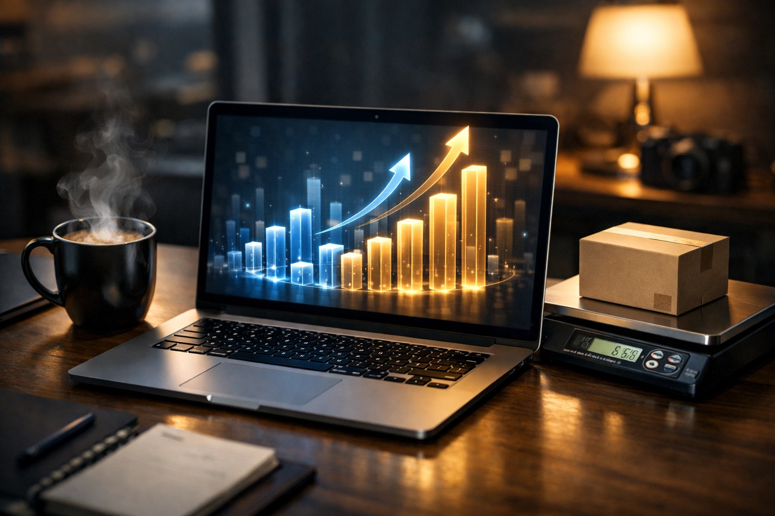 Laptop showing ebay selling strategies data and growth charts next to a professional shipping scale.