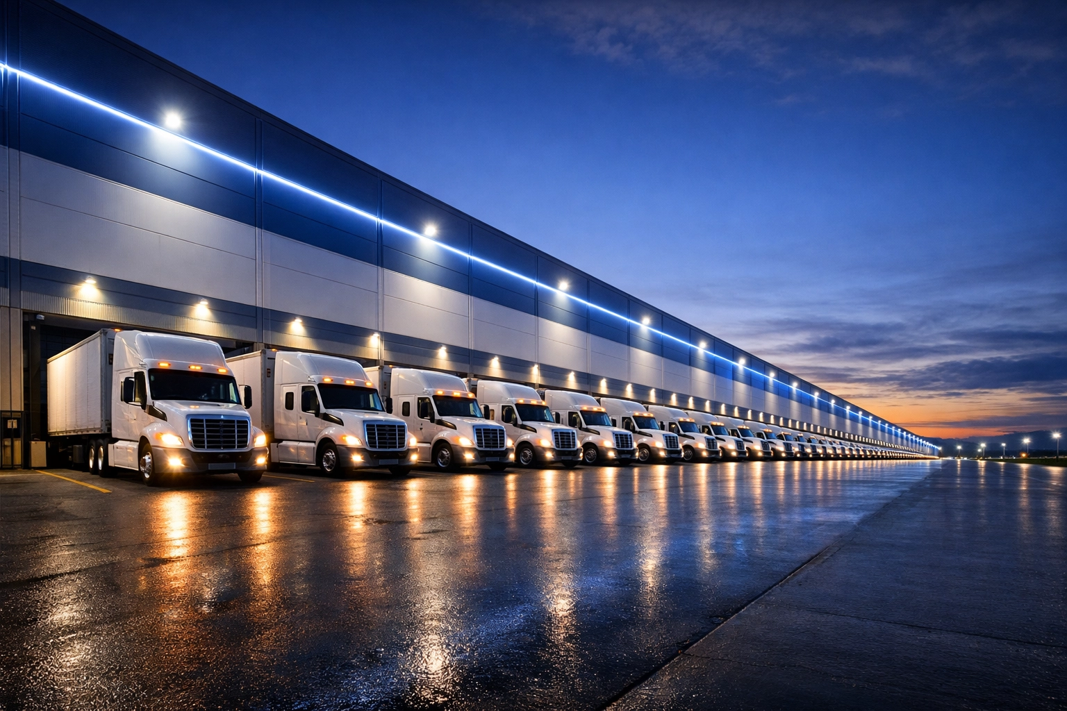 Modern distribution center with trucks at loading docks showing scalable 3PL logistics infrastructure.