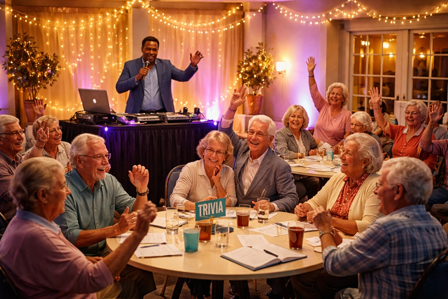 Seniors enjoying a lively trivia night with a DJ entertainer at a vibrant senior living community event
