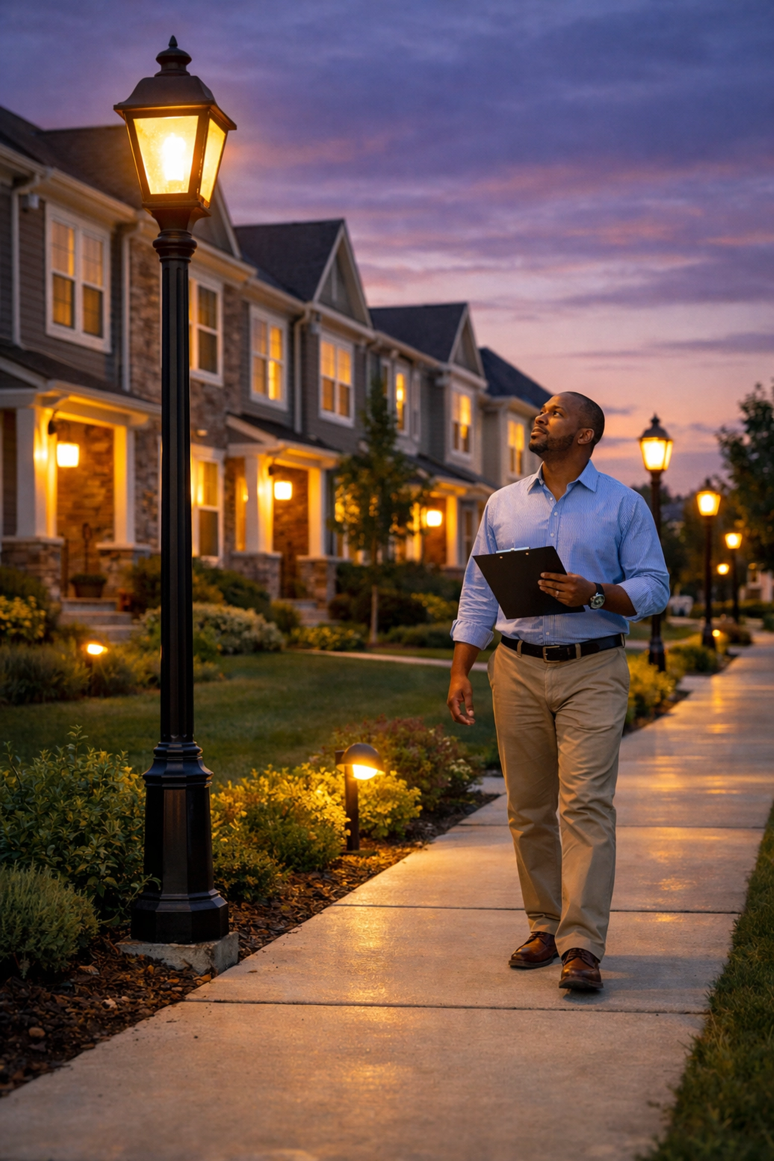 Property manager inspecting common area lighting in an HOA townhome community