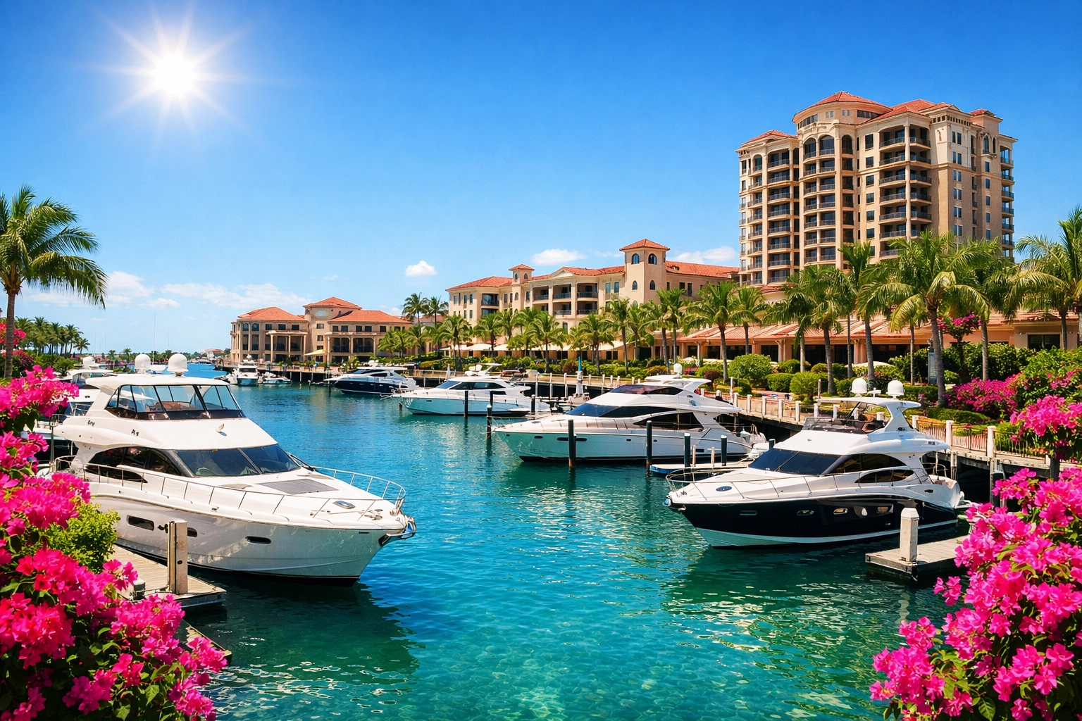 Luxury yachts docked at a Southwest Cape Coral marina near modern gated communities.