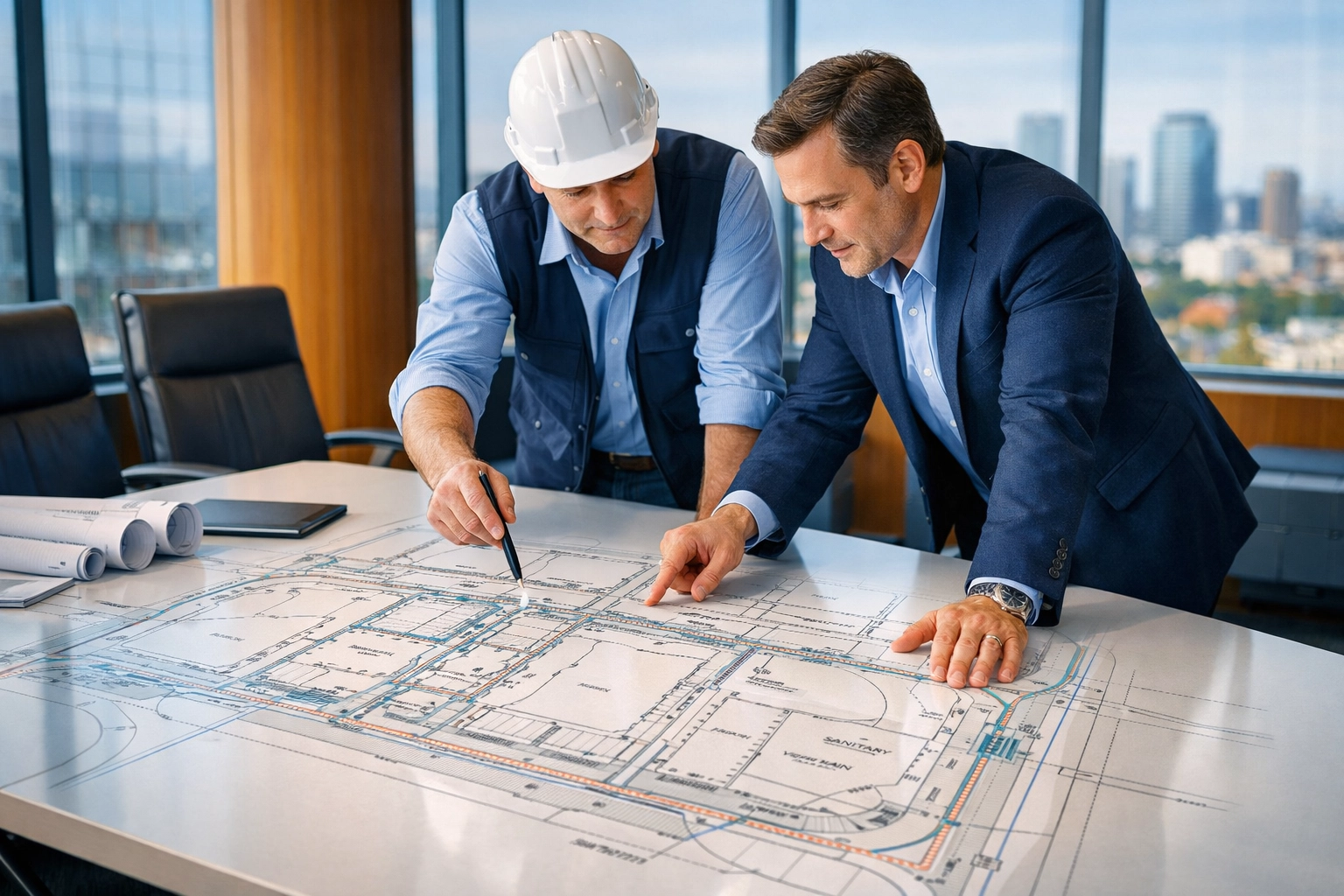 Civil engineer and developer collaborating on a site servicing plan in Mississauga to ensure fast permit approval.