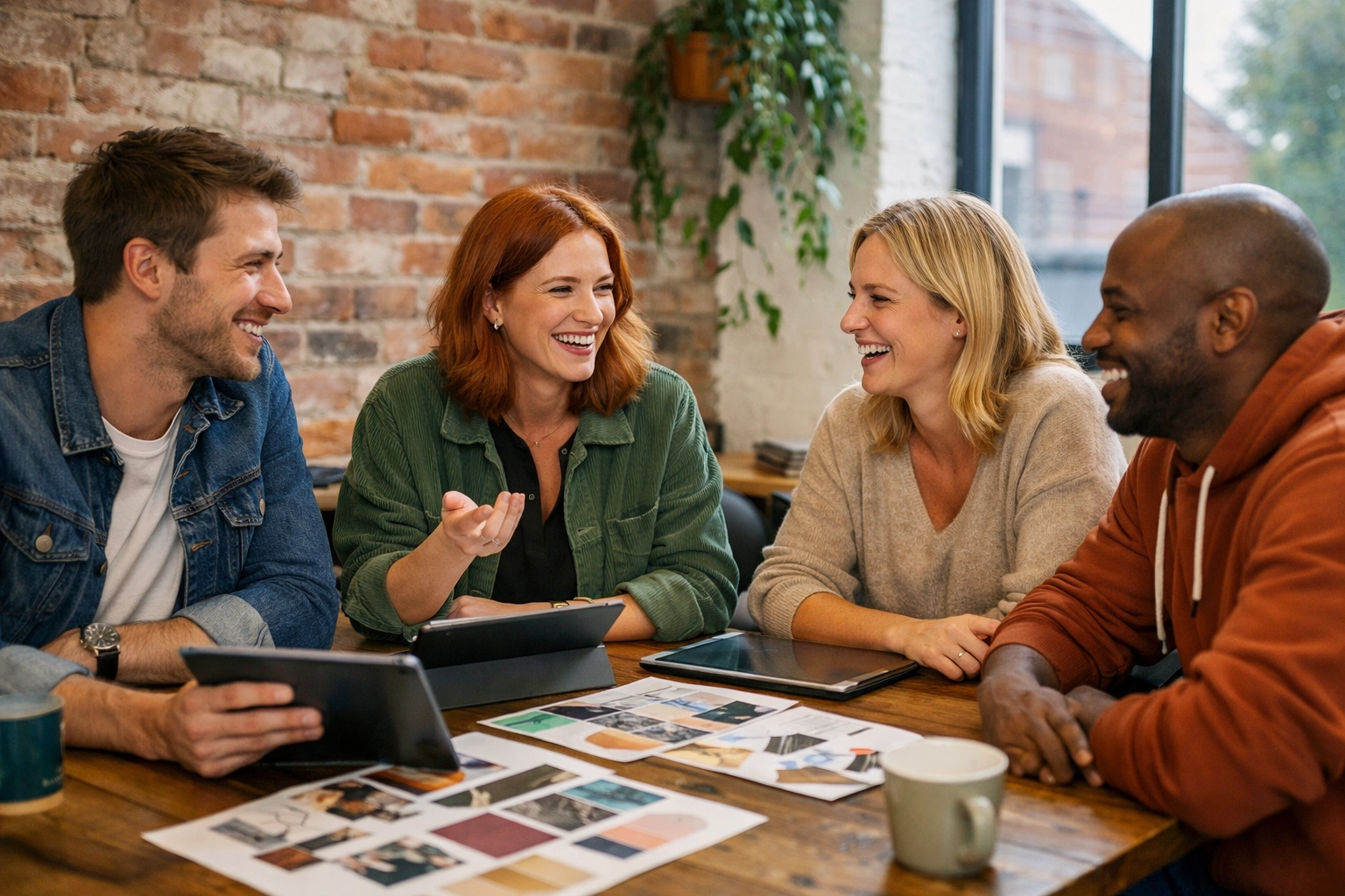 Professional web design agency team collaborating in a modern studio on a local digital project.