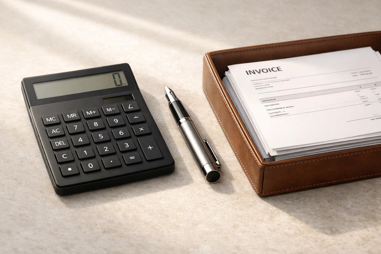 Organized office desk with business invoices and calculator for accurate bookkeeping and tax preparation.